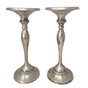 Vintage 90s 2 Pottery Barn Taper Candlesticks Silver Plated 10 in Traditional